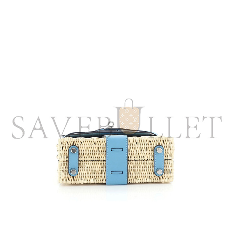 HERMÈS MASTER PICNIC MINI KELLY 20 HANDBAG BLEU DU NORD SWIFT AND WICKER WITH PALLADIUM HARDWARE (20*14*8cm)